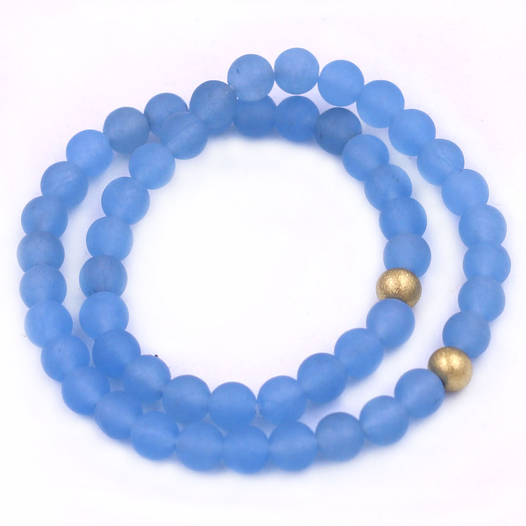 Vòng Chuỗi Đôi 6 Ly Đá Thạch Anh Xanh Biển Mờ Charm Bi Inox VTAXBMHBD