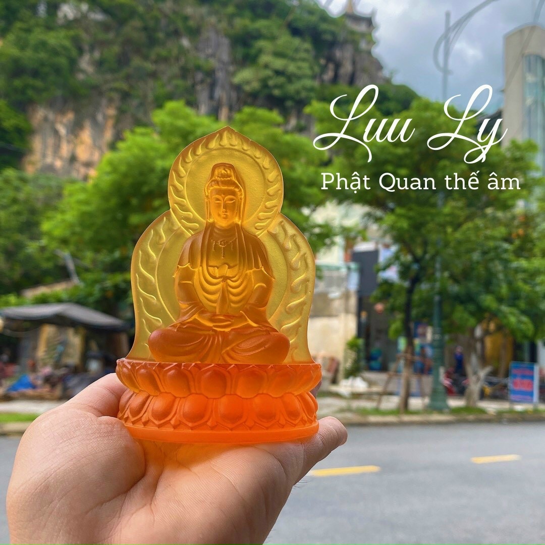 Tượng Phật Bà Quan Thế Âm Bồ Tát 2 mặt ngồi đài sen cầu bình an đá lưu ly - Cao 11cm