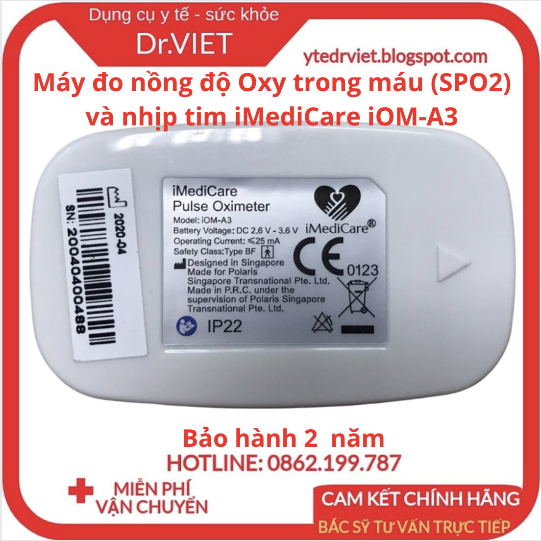 Máy đo nồng độ Oxy trong máu (SPO2) và nhịp tim iMediCare iOM-A3 (Hàng Chính Hãng)