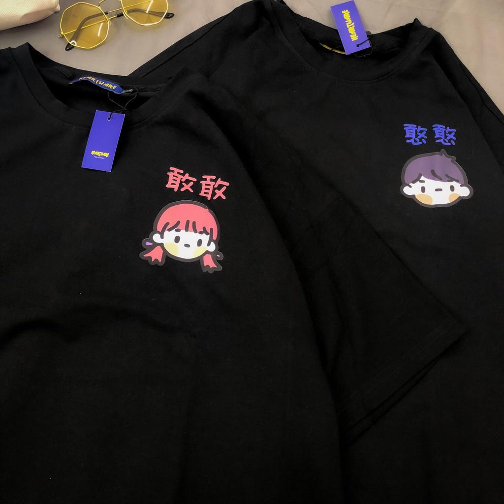 Áo thun cotton tay lỡ in hình cậu bé, cô bé - ẢNH THẬT