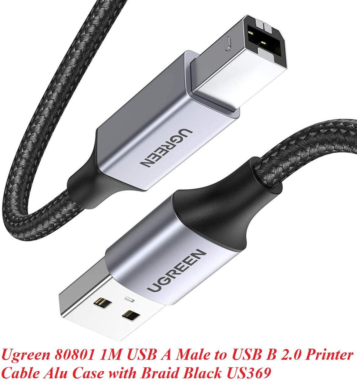 Ugreen UG80801US369TK 1M đầu nhôm dây bọc lưới chống nhiễu cáp máy in màu Đen 2.0 USB A sang B - HÀNG CHÍNH HÃNG