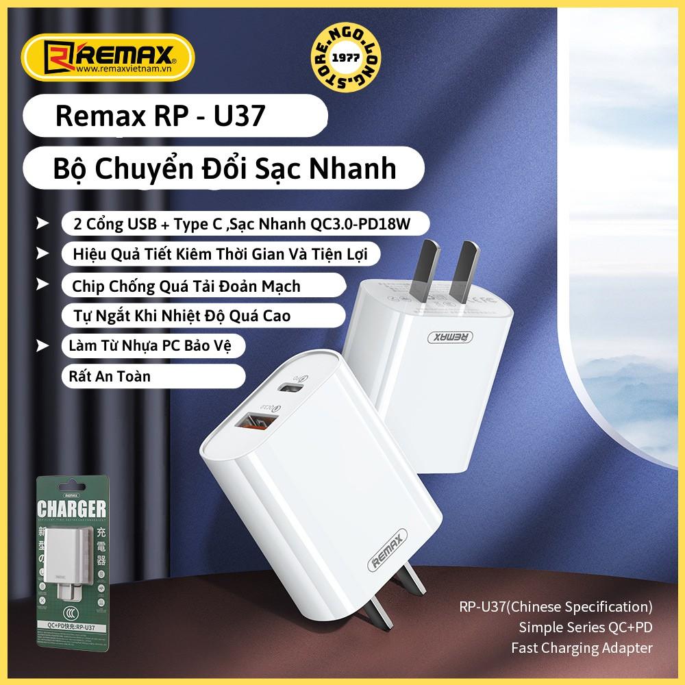 Củ sạc nhanh Remax RP-U37 QC3.0+PD - Hàng Chính Hãng