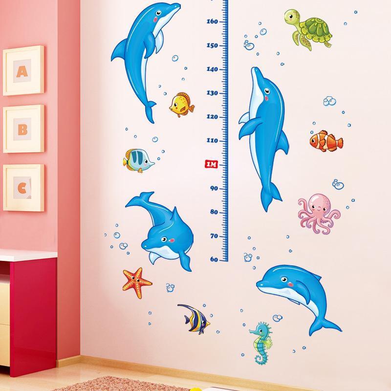 Decal dán tường đo chiều cao cá heo xanh 01