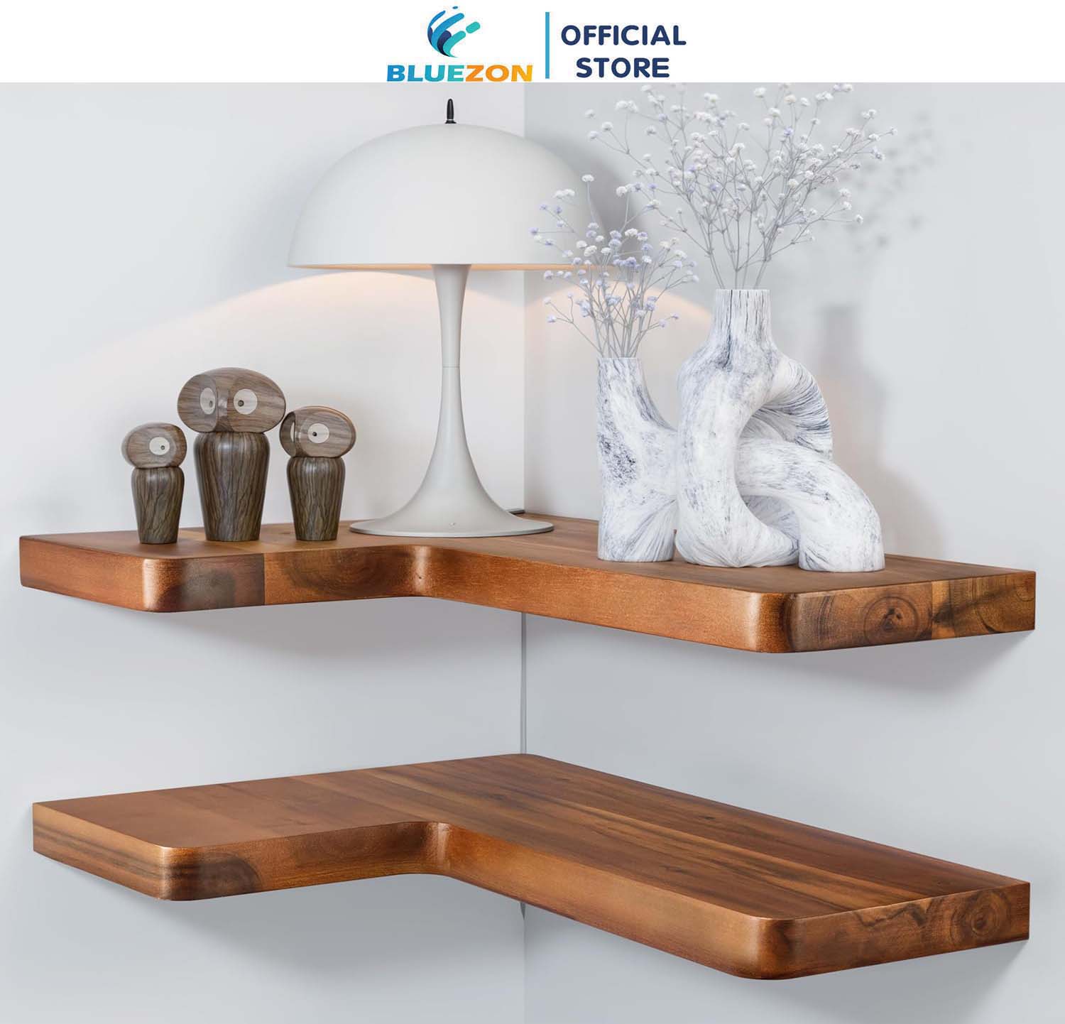 Combo 2 kệ gỗ góc chữ L BLUEZON treo tường trang trí, kèm chốt chữ U âm tường, phụ kiện vít tắc kê