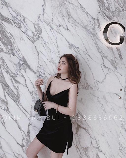 Đầm váy nữ màu đen 2 dây cổ đổ hở lưng xẻ đùi