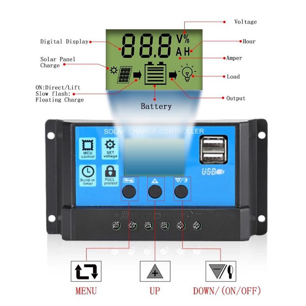 60A SOLAR CELL PANEL BATTERY CHARGE CONTROLLER DUAL USB PORT PWM LCD DISPLAY