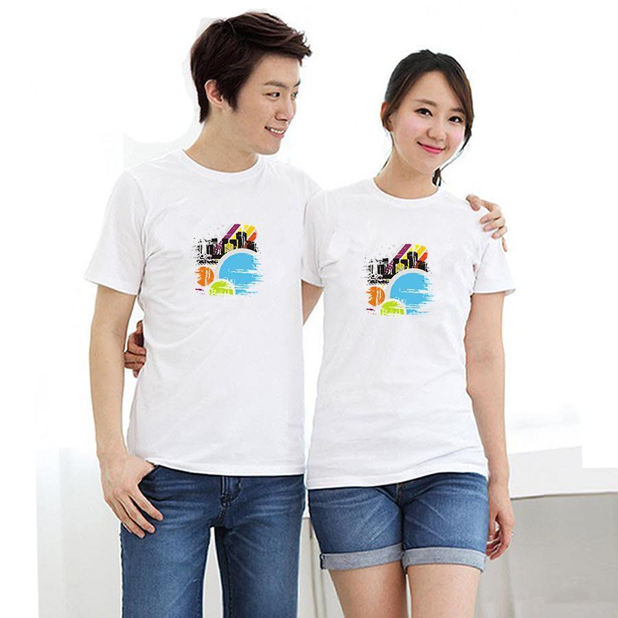 Áo thun cặp đôi in hình thành phố màu sắc form rộng phong cách hàn quốc