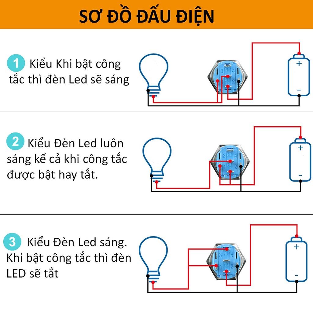 Nút công tắc nhấn nhả tự phục hồi có đèn LED 16mm 3-6V, 12-24V, 110-220V Thân vỏ Kim loại chống nước