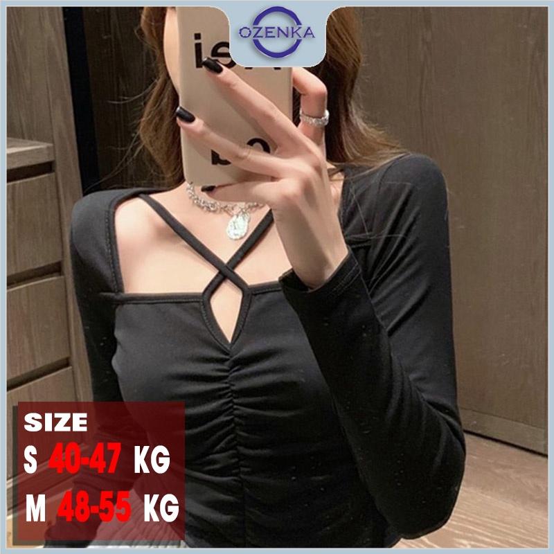 Áo croptop tay dài nữ cổ vuông nhún giữa OZENKA , áo crt kiểu thun cotton mặc thu đông màu đen trắng dưới 55 kg