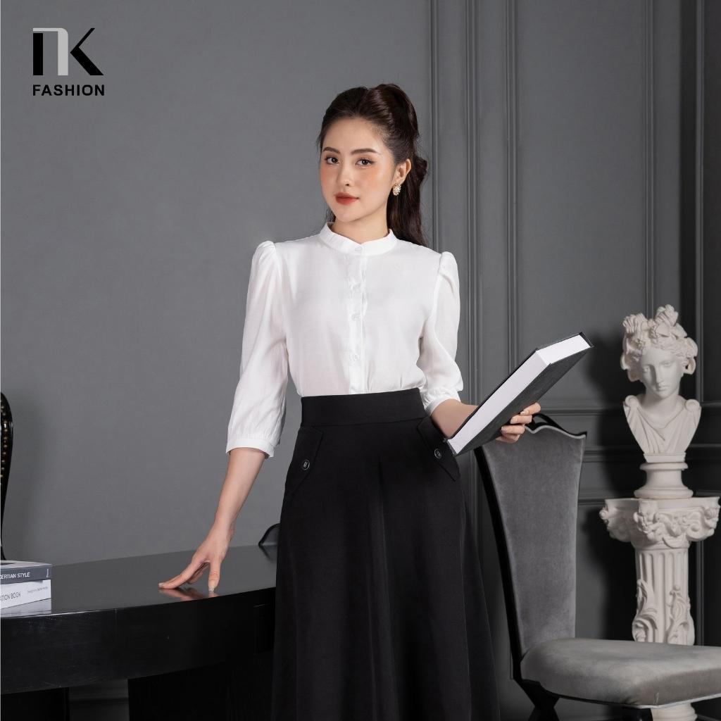 Áo Sơ Mi Cổ Tàu Tay Bồng NK FASHION Thiết Kế Đơn Giản Trơn Màu Trẻ Trung , Chất Vải Nhập Hàn Cao Cấp Không Nhăn NKSM2205008