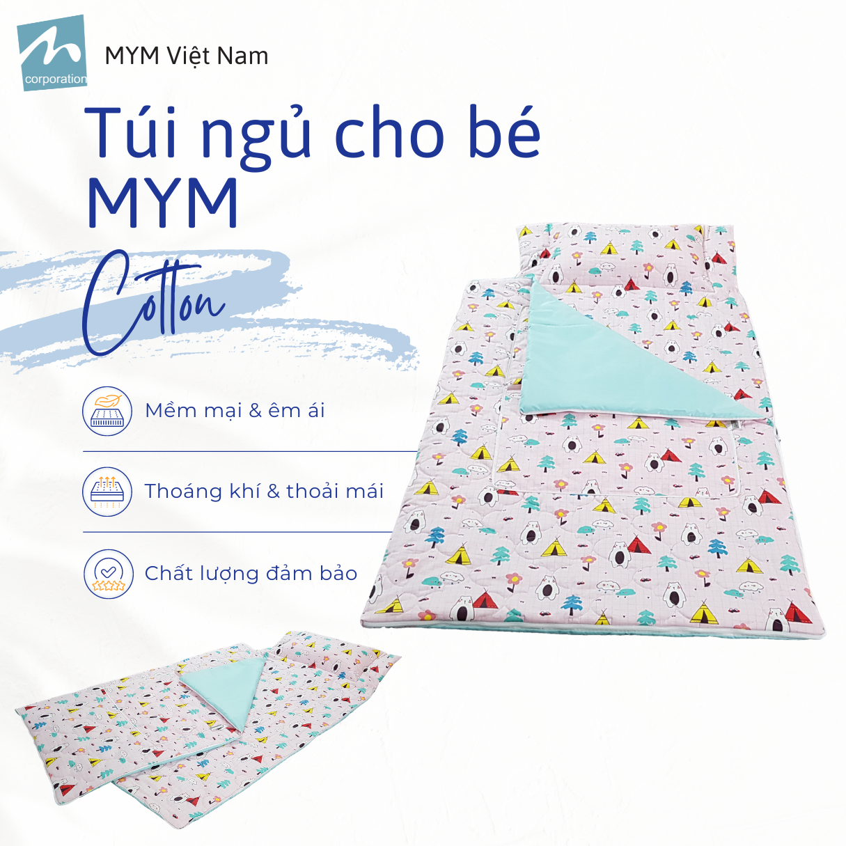 Túi ngủ cho bé MYM kích thước 70x150cm chất liệu vải Cotton mềm mại, thấm hút, êm ái