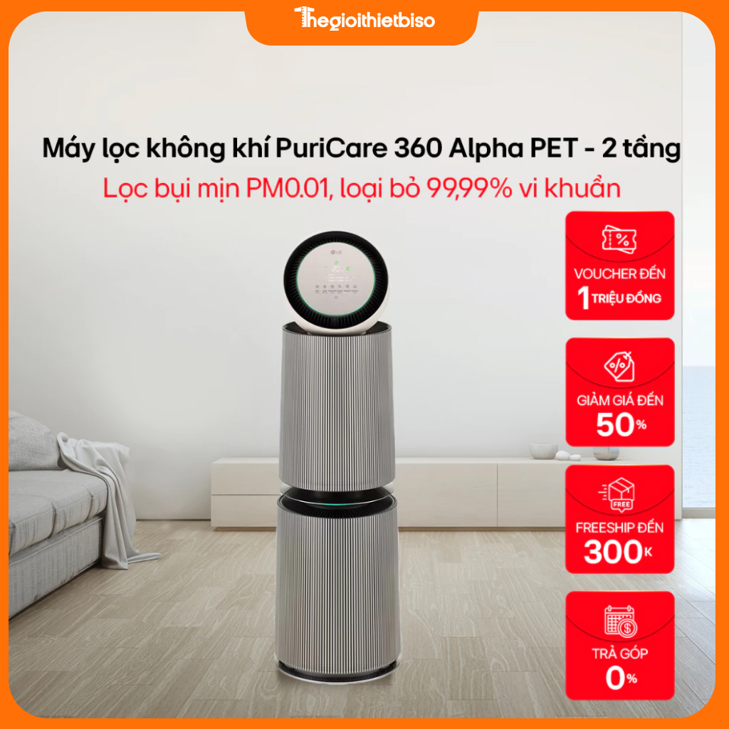 [GIÁ TẠI KHO] Máy lọc không khí hút lông chó mèo PuriCare360 Alpha PET 2 tầng AS10GDBY0 - Hàng chính Hãng LG