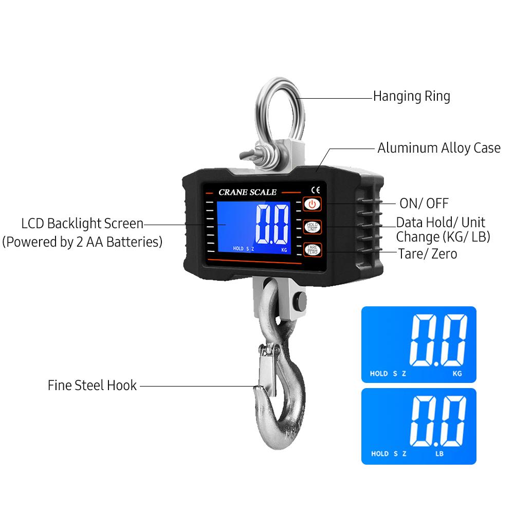 Digital Hanging Scale with Remote Control 1000kg/ 2204lbs Portable Heavy Duty Crane Scale LCD Backlight Industrial Hook Scales Unit Change/ Data Hold/ Tare/ Zero for Construction Site Travel Market Fishing Outdoor Work