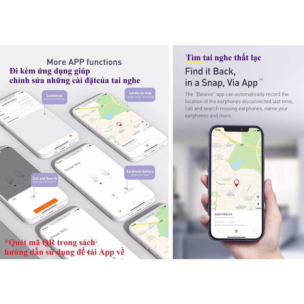 Tai nghe không dây Bluetooth V5.1 App chỉnh sửa cài đặt Baseus Encok W12 - Hàng chính hãng