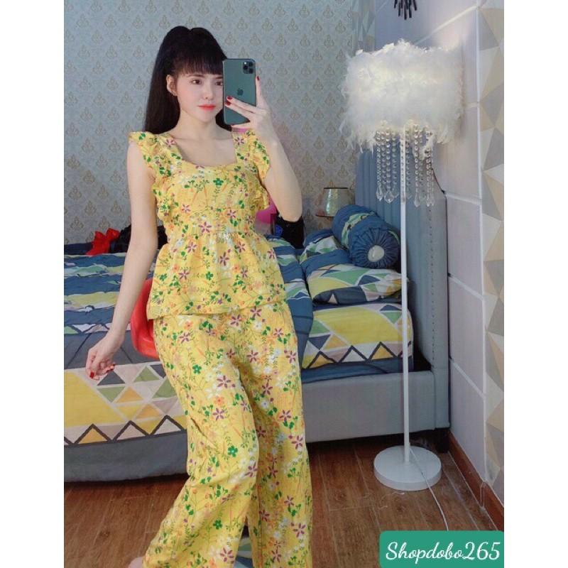 Set đồ nữ,đồ bộ nữ,đồ ngủ mặc nhà vải lụa hoa nhí quần ống rộng thời trang.