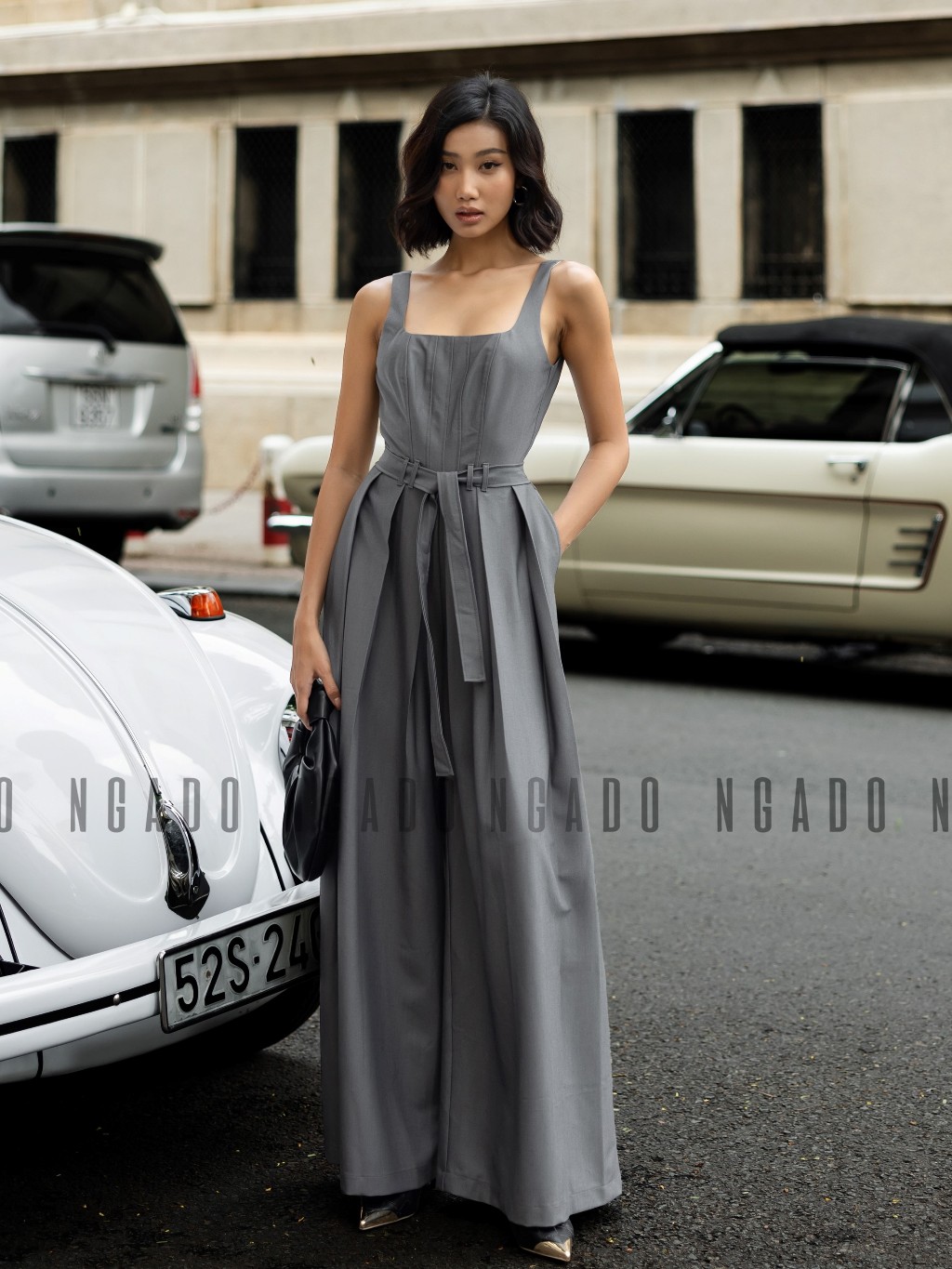 Jumpsuit xám xếp ly NGADO , Đồ công sở , Jumpsuit hai dây