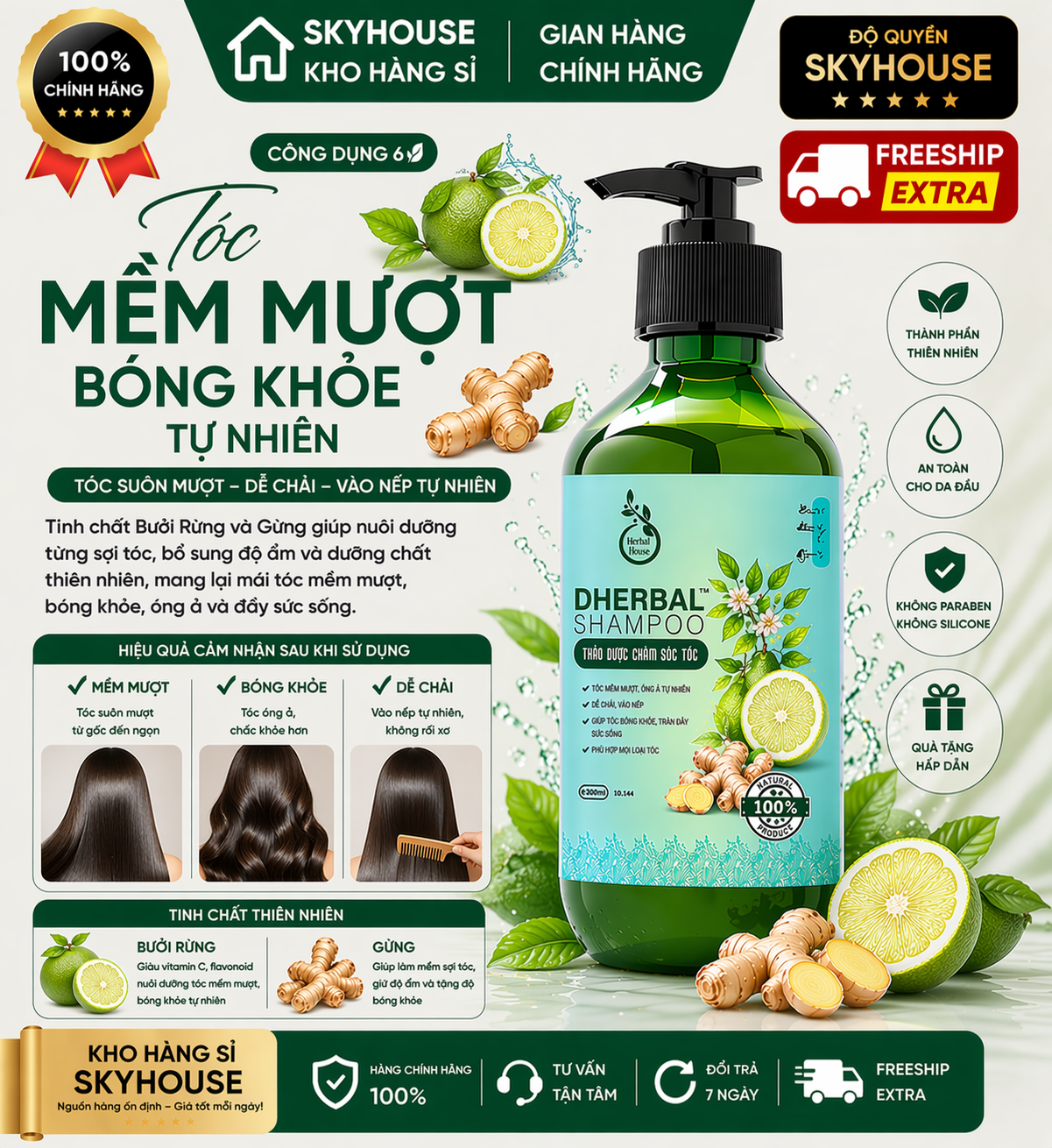 Dầu gội thảo dược tinh chất bưởi rừng gừng độc quyền DHERBAL chai 300ml  giảm gãy rụng cải thiện mọc tóc chính hãng