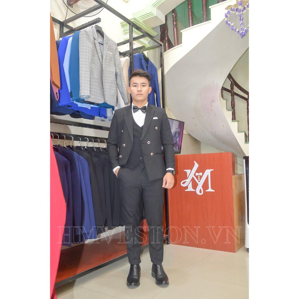 Bộ vest nam màu đen 6 nút + gile đen + combo phụ kiện