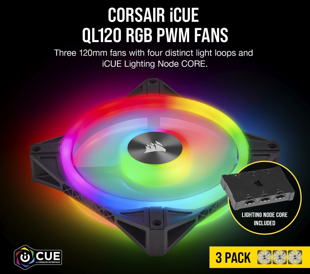 Bộ 3 quạt máy tính 120mm Corsair QL120 RGB kèm Node Core - Hàng Chính Hãng