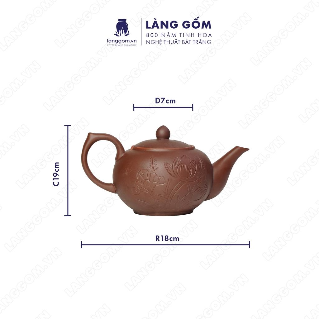 Bộ ấm chén đất nung tống + khắc sen - Men mộc - Gốm sứ Bát Tràng - langgom.vn