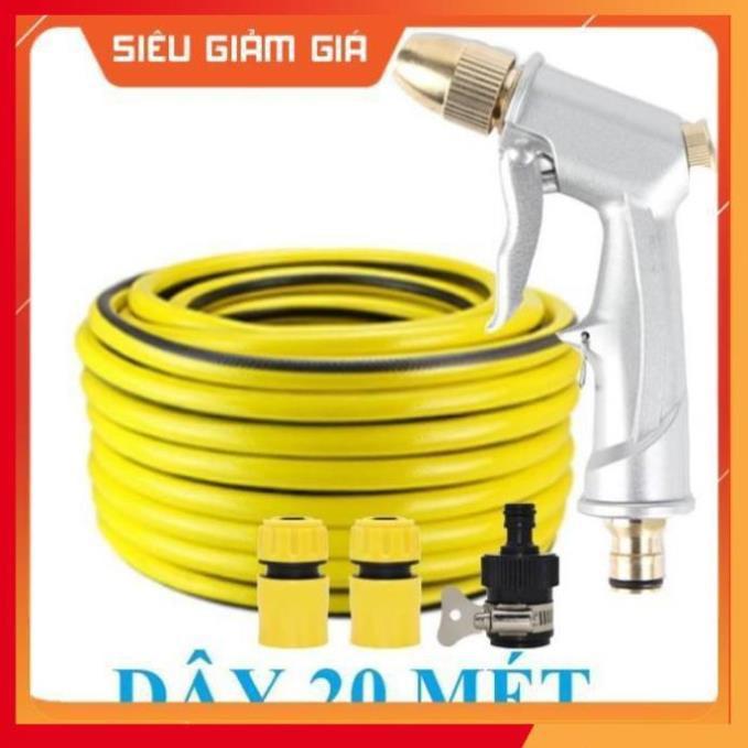 Bộ dây vòi xịt nước rửa xe, tưới cây . tăng áp 3 lần, loại 20m 206701 đầu đồng, cút, nối đen