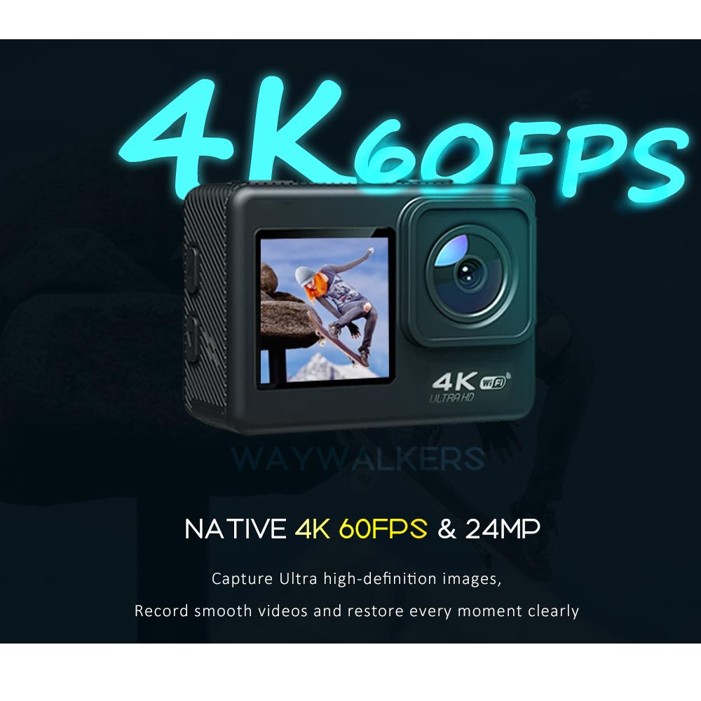 Waywalkers 4K FHD 60fps Action Camera 24MP 2.0 inch LCD EIS 4X ZOOM VIDEO quay 30M không thấm nước Go Pro Sport