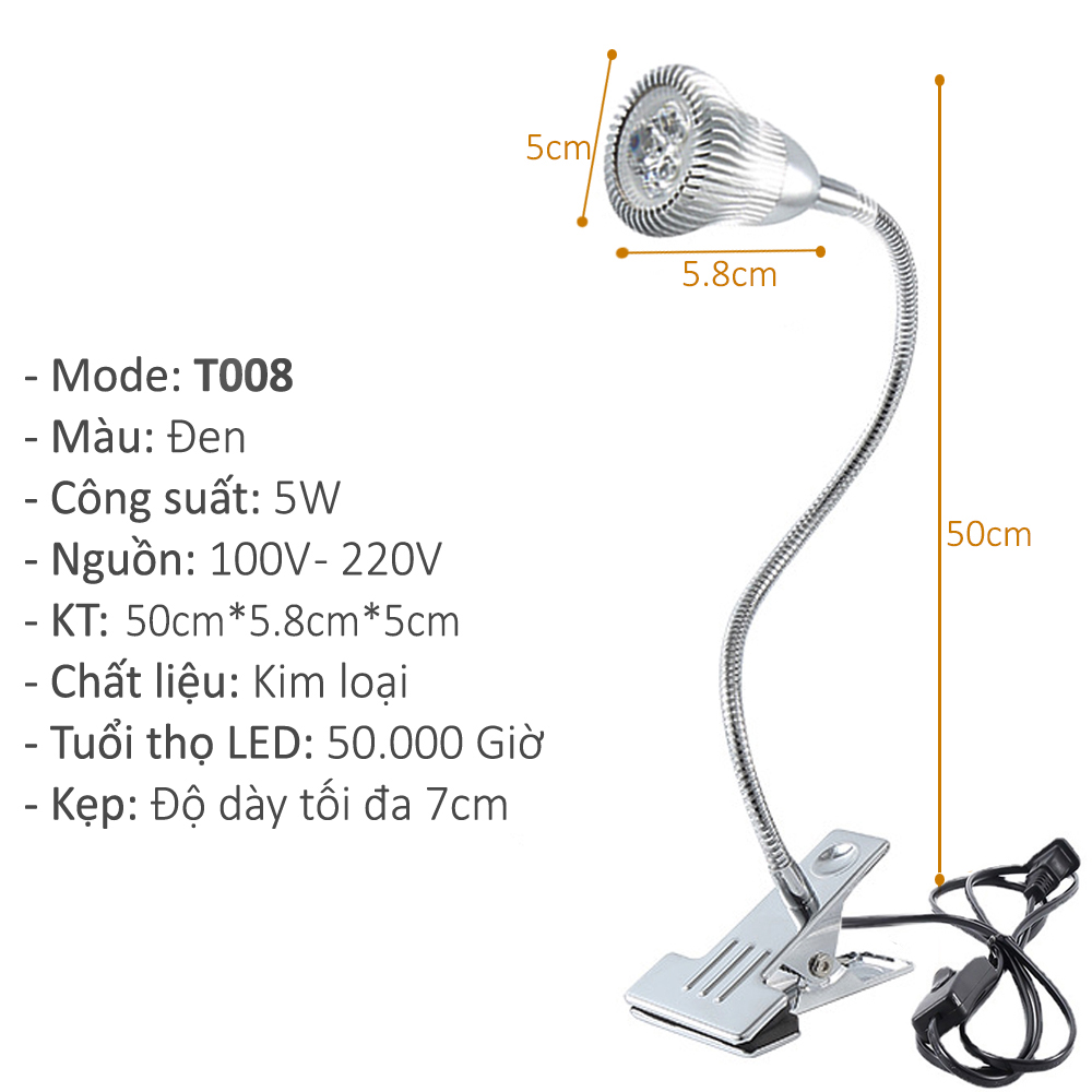 Đèn đọc sách đầu giường Led 5W-220V, Đèn rọi trang trí phòng ngủ khách sạn, Thân đèn kim loại uốn 360 độ, Kẹp đa năng 7cm