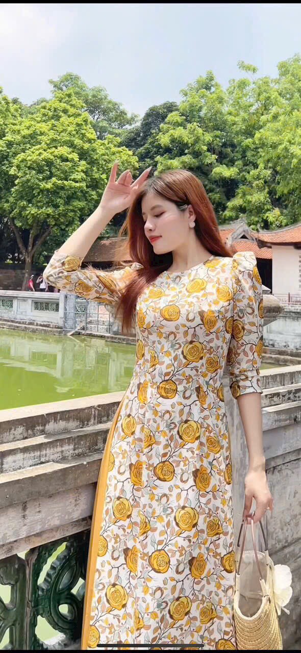 SÉT ÁO DÀI CỔ TRÒN IN HOA CAO CẤP