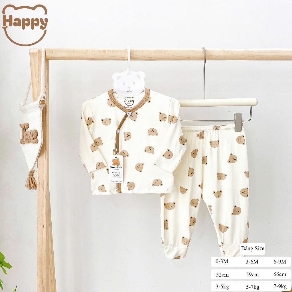 [3-8kg] Bộ Quần Áo Sơ Sinh Dài Tay Thun Lạnh NỀN KEM VIỀN NÂU Mềm, Mát, Có Đáp Đũng Mặc Tã Thoải Mái - Gấu Sao