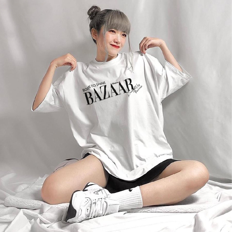 Áo Thun Nữ Màu Xanh In Chữ BORN TO SHINE BAZAAR