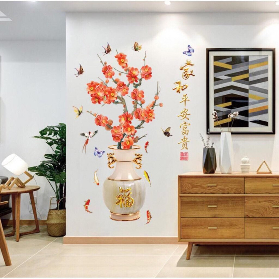 Decal dán tường bình hoa mai đỏ (60 x 90 cm)