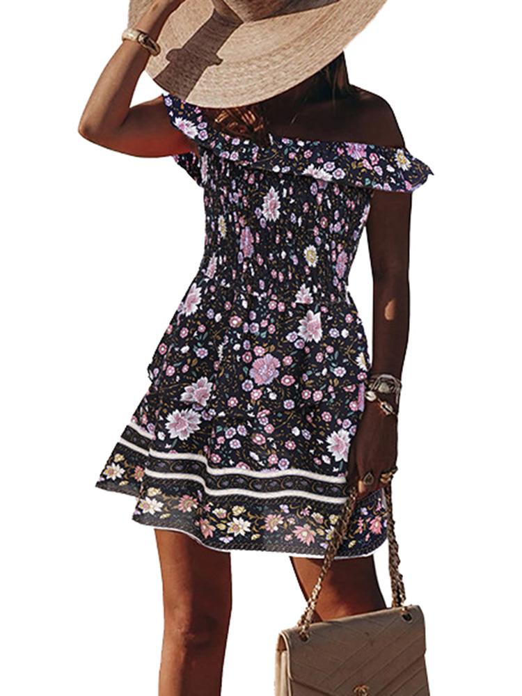 Fashion Women Off the Shoulder Dress Floral Print Ruffles Elastic Bohemian Holiday Beach Dress Casual Mini Dress