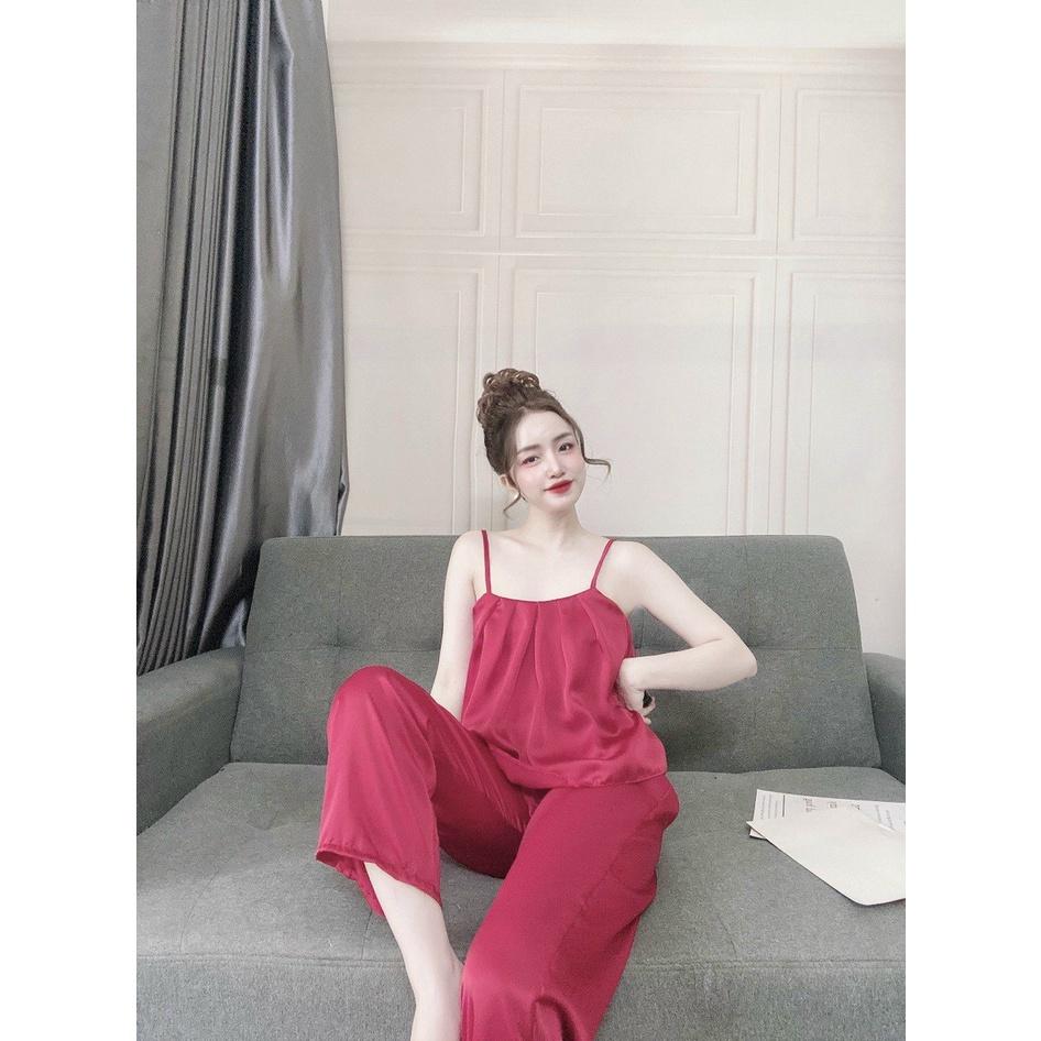 Đồ ngủ lụa satin áo 2 dây quần dài lịch sự, chất lụa đẹp, mát, ít nhăn, kiểu dáng rộng rãi, thoải mái, phom dưới 55kg