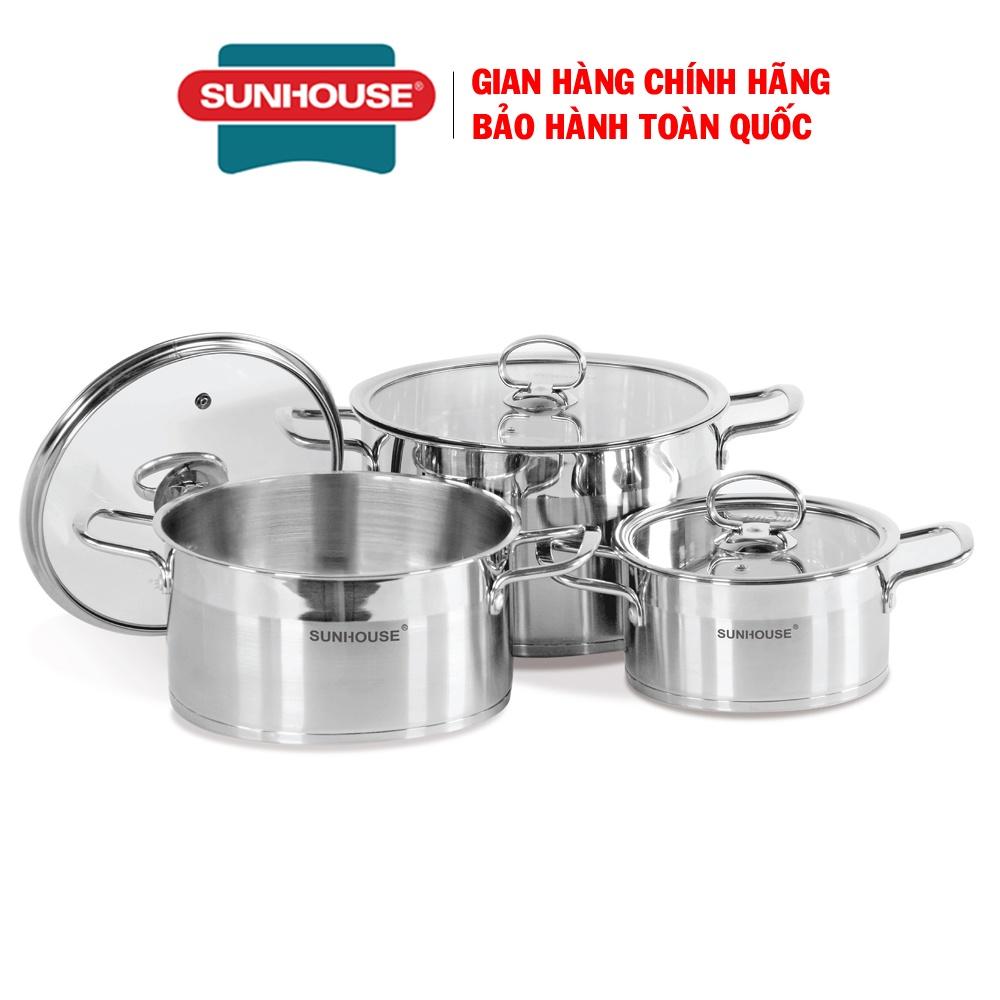 Bộ nồi inox 5 đáy Sunhouse Mama SH784, Bộ nồi gồm 3 size 16, 20, 24 cm, Chất liệu inox phù hợp với tất cả các loại bếp, Hàng chính hãng