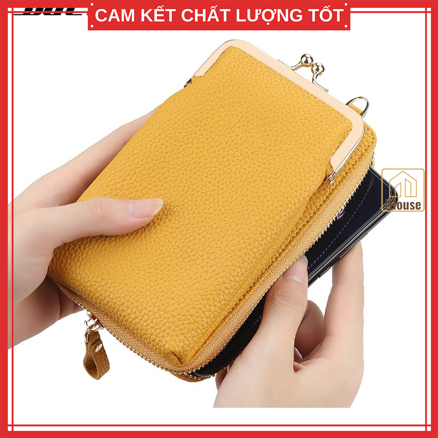 Túi ví dọc nữ có dây đeo vai cao cấp, Cluth clutch dọc da nữ để điện thoại màu xanh lơ, vàng, hồng nhạt cute