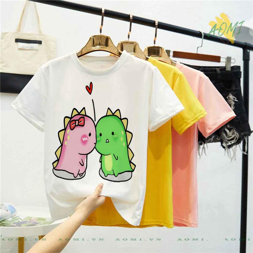 ÁO THUN KHỦNG LONG CUTE UNISEX PHÔNG NAM NỮ GIA ĐÌNH CẶP ĐÔI ĐEN TRẮNG HỒNG SIZE TRẺ EM CHO BÉ TRAI GÁI AOMIVN