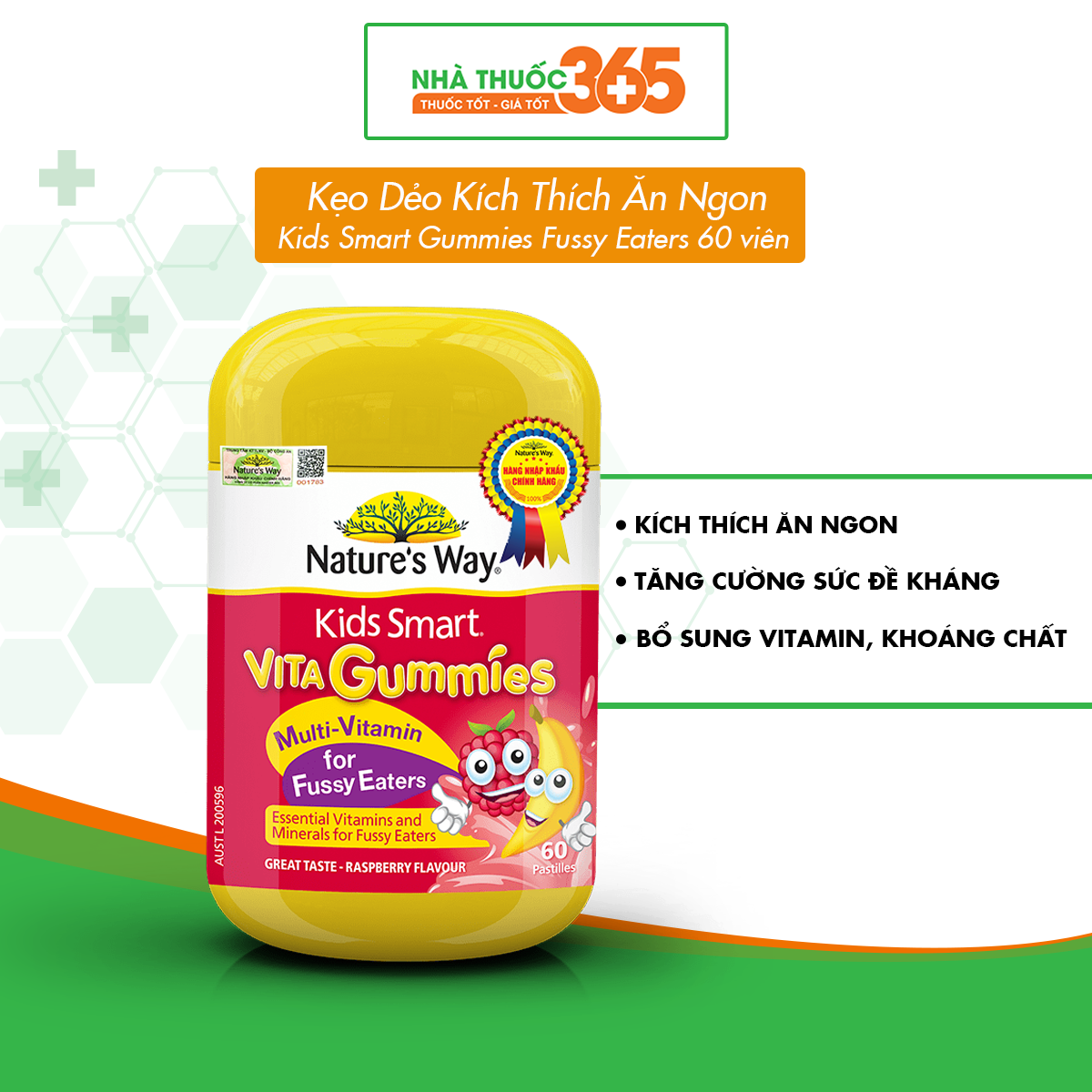 Kẹo Dẻo Cho Bé Nature's Way Kids Smart Vita Gummies Multi Vitamin for Fussy Eaters Kích Thích Ăn Ngon - Hộp 60 Viên