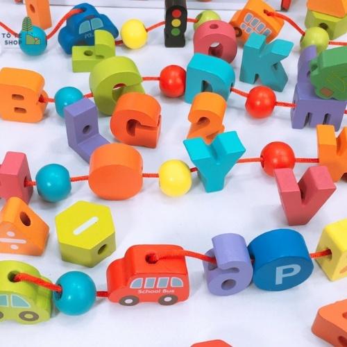 Xâu hạt gỗ cho bé, đồ chơi phát triển trí tuệ và sự khéo léo, gồm 36 chi tiết giá cực rẻ, xâu hạt phương tiện giao thông