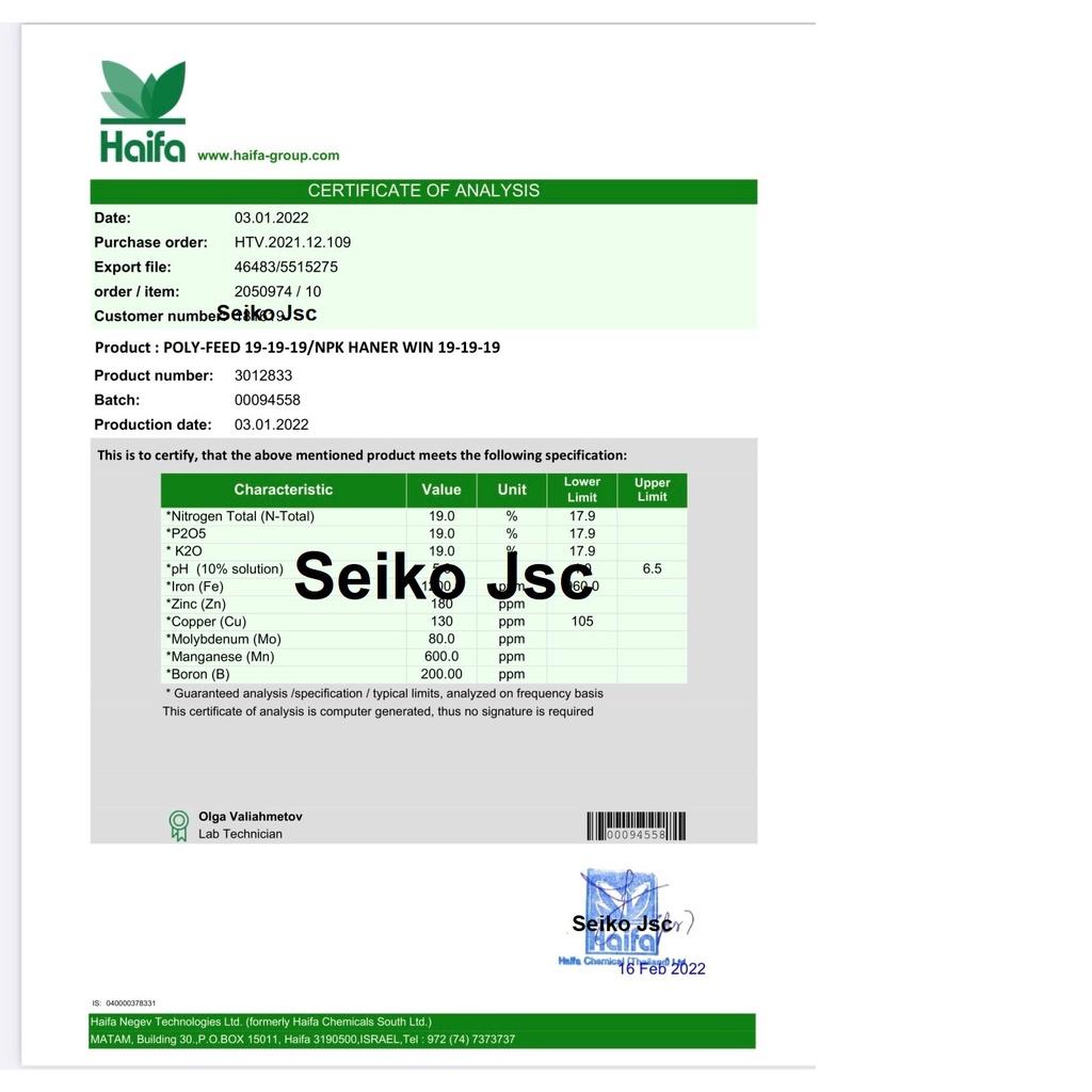Phân bón lá tưới nhỏ giọt HAIFA Poly-feed 19-19-19 dưỡng cây-ra rễ-đâm chồi-xanh lá-kích thích ra hoa, đậu trái, lớn quả