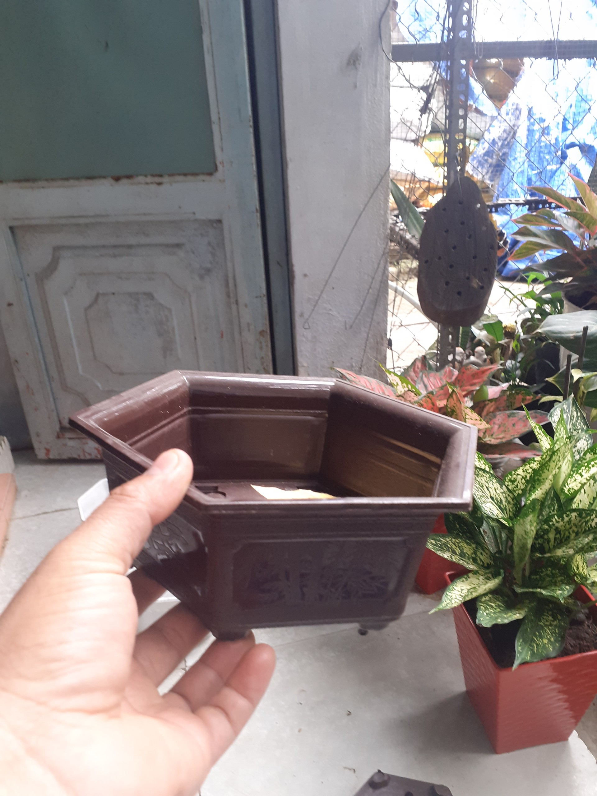 1 cặp chậu nhựa lục giác bonsai mini màu nâu đất.