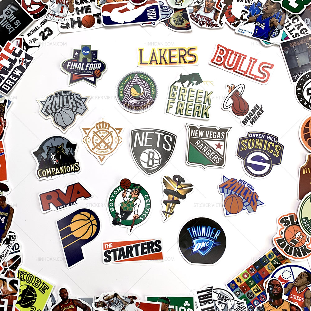 Sticker NBA Bóng Rổ - Chất Liệu PVC Chất Lượng Cao Chống Nước - Kích Thước 4-8cm