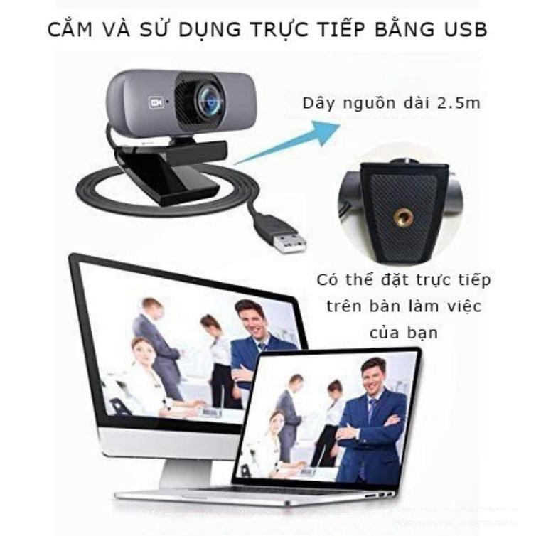 Webcam UHD 2K Tích Hợp Micro, Xoay 360 Độ, Góc nhìn siêu rộng 130°, Phù Hợp Hội Nghị Học Online