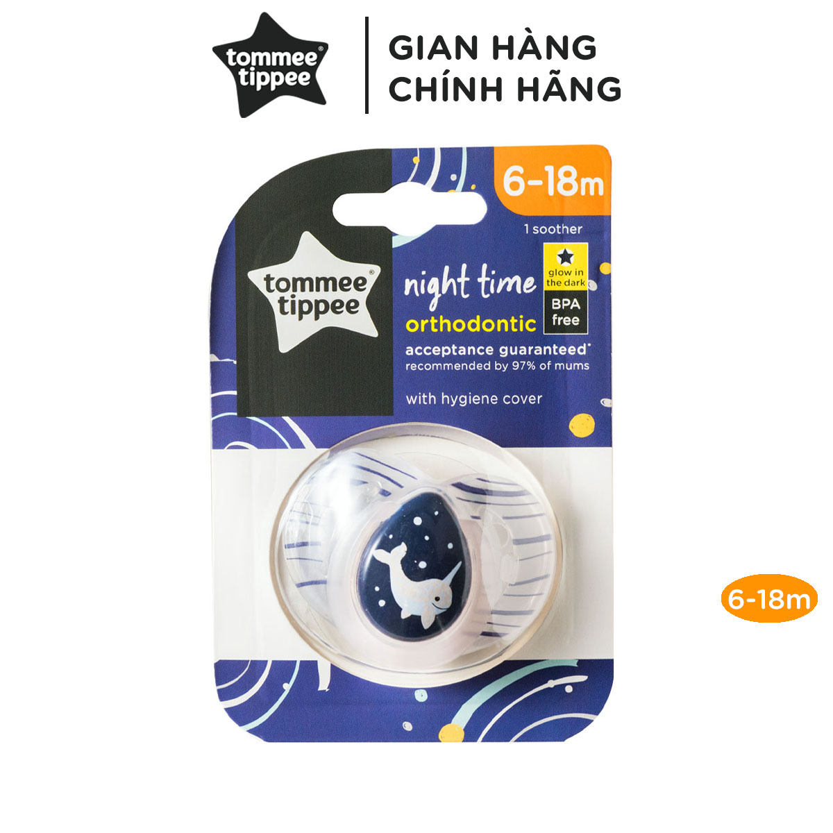 Ty Ngậm Dạ Quang Cho Bé Tommee Tippee Night Time 6-18 tháng (Vỉ Đôi) - Mưa Xám