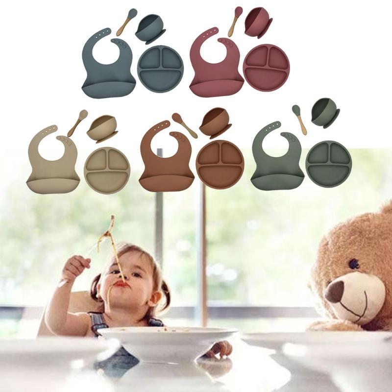 4 Cái/bộ Không Chứa BPA Silicone Cho Bé Bộ Đồ Ăn Yếm Chống Thấm Màu Đĩa Dùng Tiệc Hút Bộ Bát Và Thìa Cho Bé