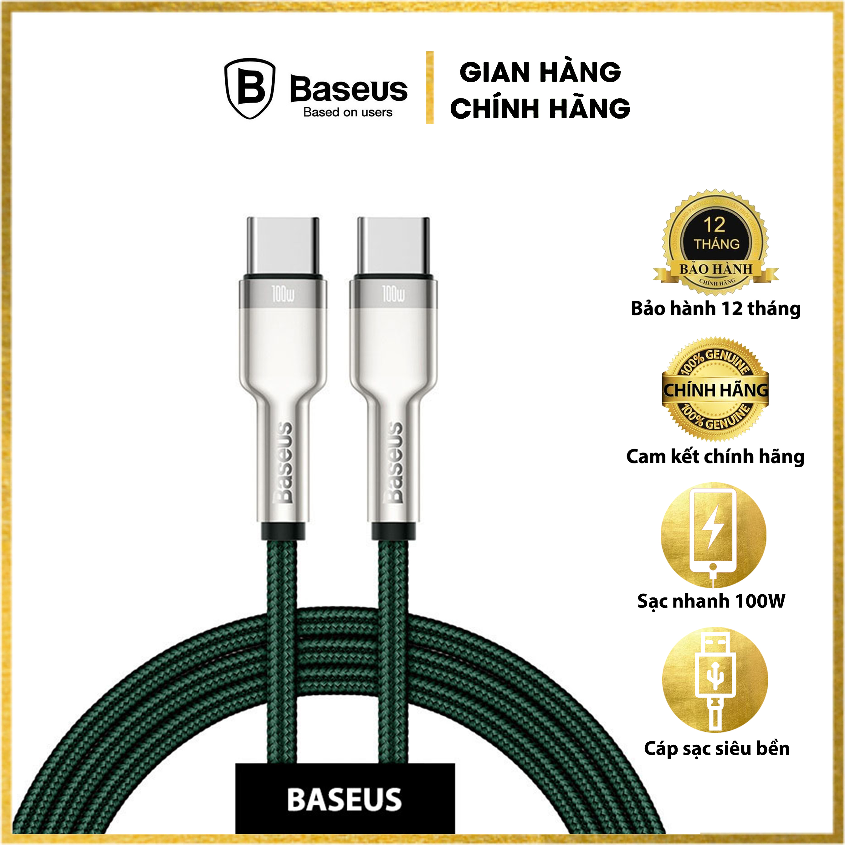 Cáp sạc siêu nhanh 100W Baseus Cafule Series Metal Data Cable Type-C to Type-C (100W) -  Chất liệu hợp kim kẽm -  Chip thông minh E-MARKER - Tốc độ truyền dữ liệu: 480Mbps - Hàng chính hãng