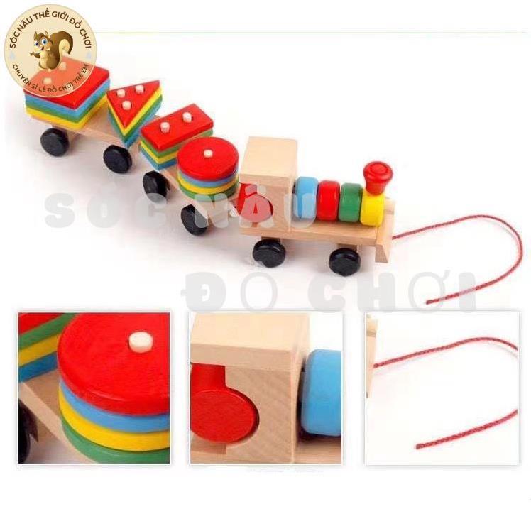 Đồ chơi tàu kéo khối gỗ, xe chở khối thả hình trụ cho bé Thị trấn đồ chơi trẻ em G27