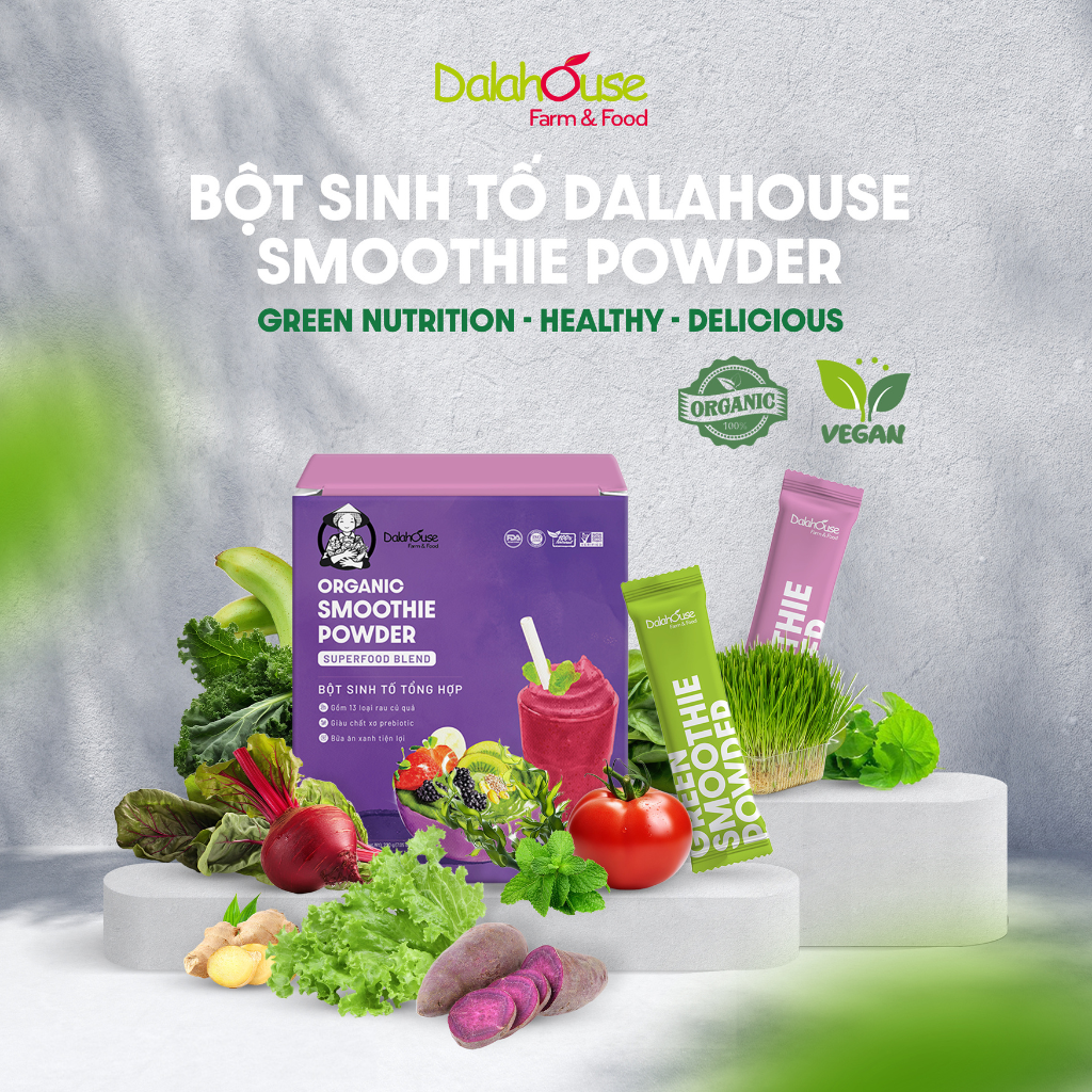 Bột sinh tố tổng hợp Dalahouse/organic smoothie powder hộp 100gr (10 gói) - Bữa ăn xanh tiện lợi giàu chất sơ probiotic