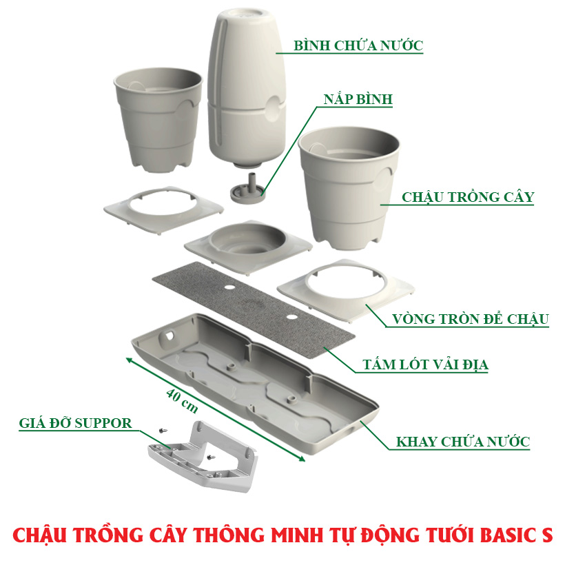 Bộ Chậu Trồng Cây Văn Phòng Thông Minh Tự Động Tưới Basic S mang phong cách Châu Âu,