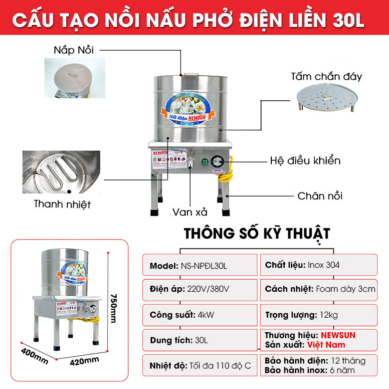 Nồi Nấu Phở Điện Liền Nồi NEWSUN 30L - Hàng chính hãng