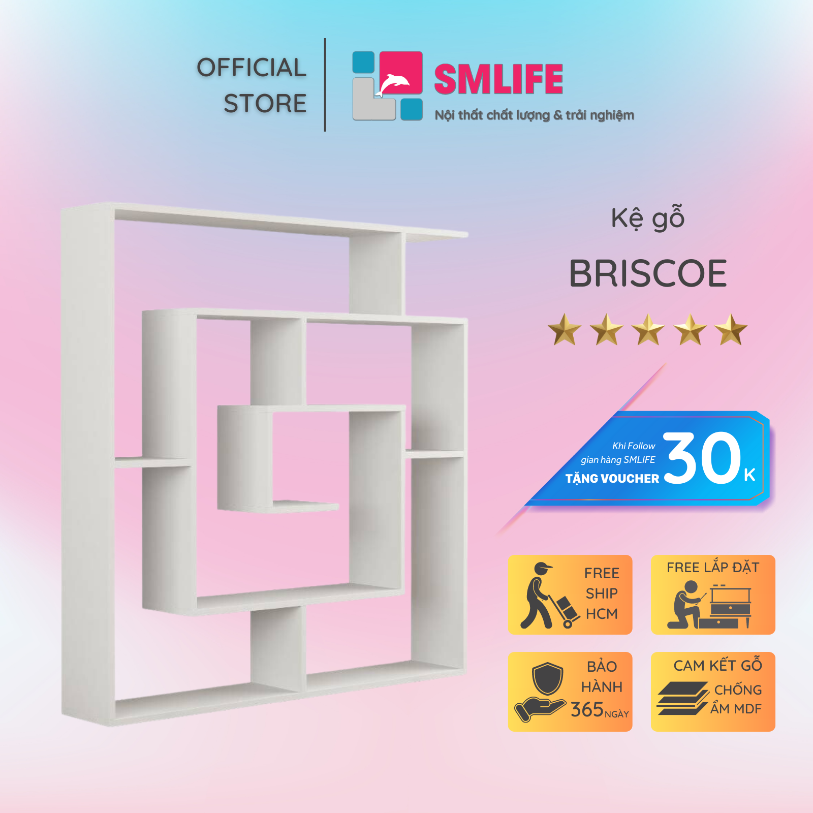 Kệ sách gỗ hiện đại SMLIFE Briscoe  | Gỗ MDF dày 17mm chống ẩm | D125.2xR23xC130cm - Màu